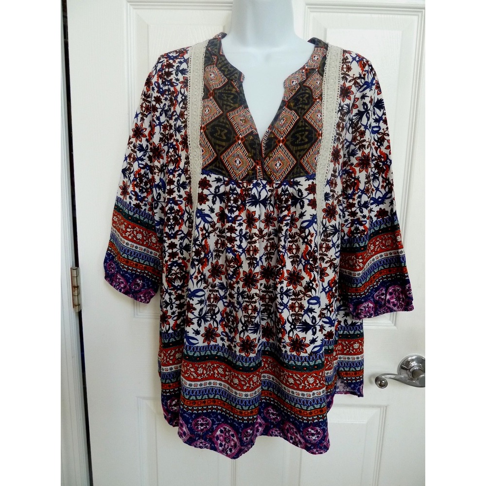 Ali Miles Womens Large 14/16 Boho Peasant Top Blouse V-Neck Floral 3/4 Sleeve